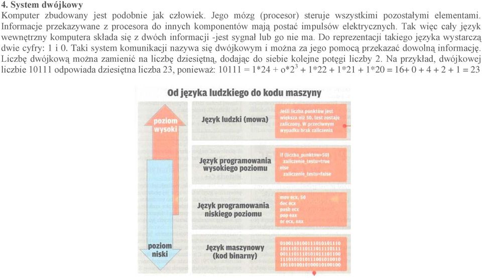 Tak więc cały język wewnętrzny komputera składa się z dwóch informacji -jest sygnał lub go nie ma. Do reprezentacji takiego języka wystarczą dwie cyfry: 1 i 0.
