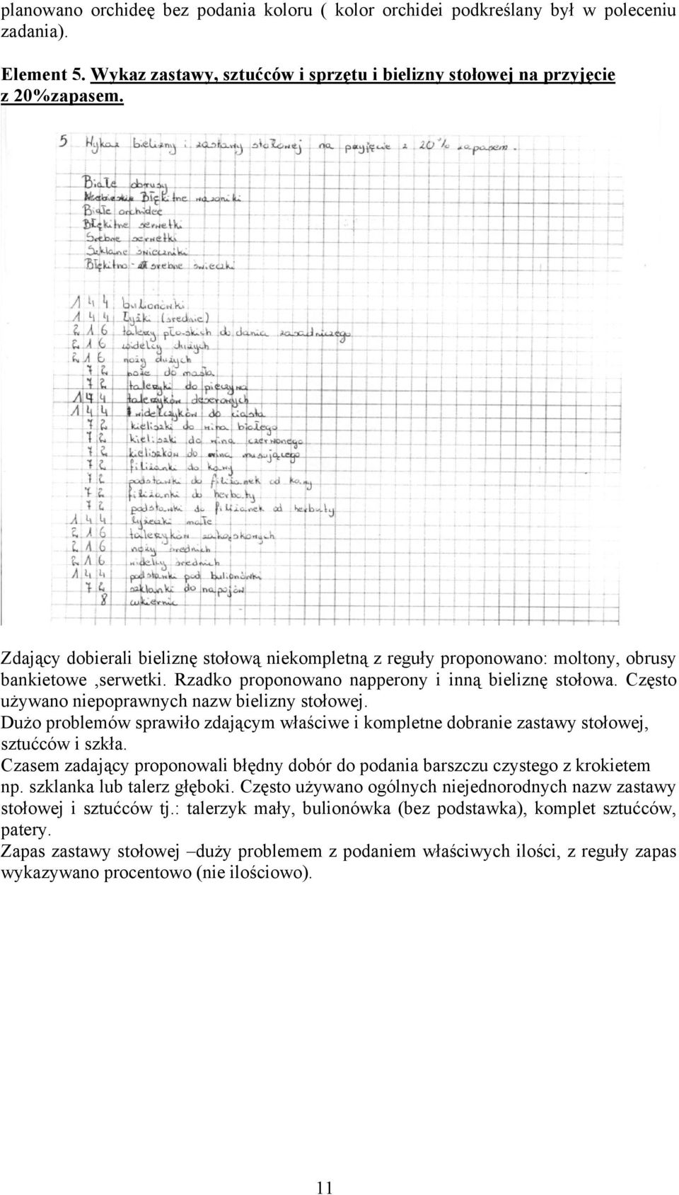Często używano niepoprawnych nazw bielizny stołowej. Dużo problemów sprawiło zdającym właściwe i kompletne dobranie zastawy stołowej, sztućców i szkła.