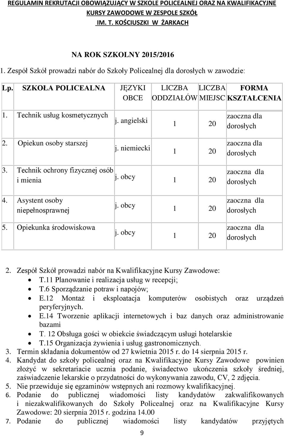 angielski 1 20 zaoczna dla dorosłych 2. Opiekun osoby starszej j. niemiecki 1 20 zaoczna dla dorosłych 3. Technik ochrony fizycznej osób i mienia j. obcy 1 20 zaoczna dla dorosłych 4.