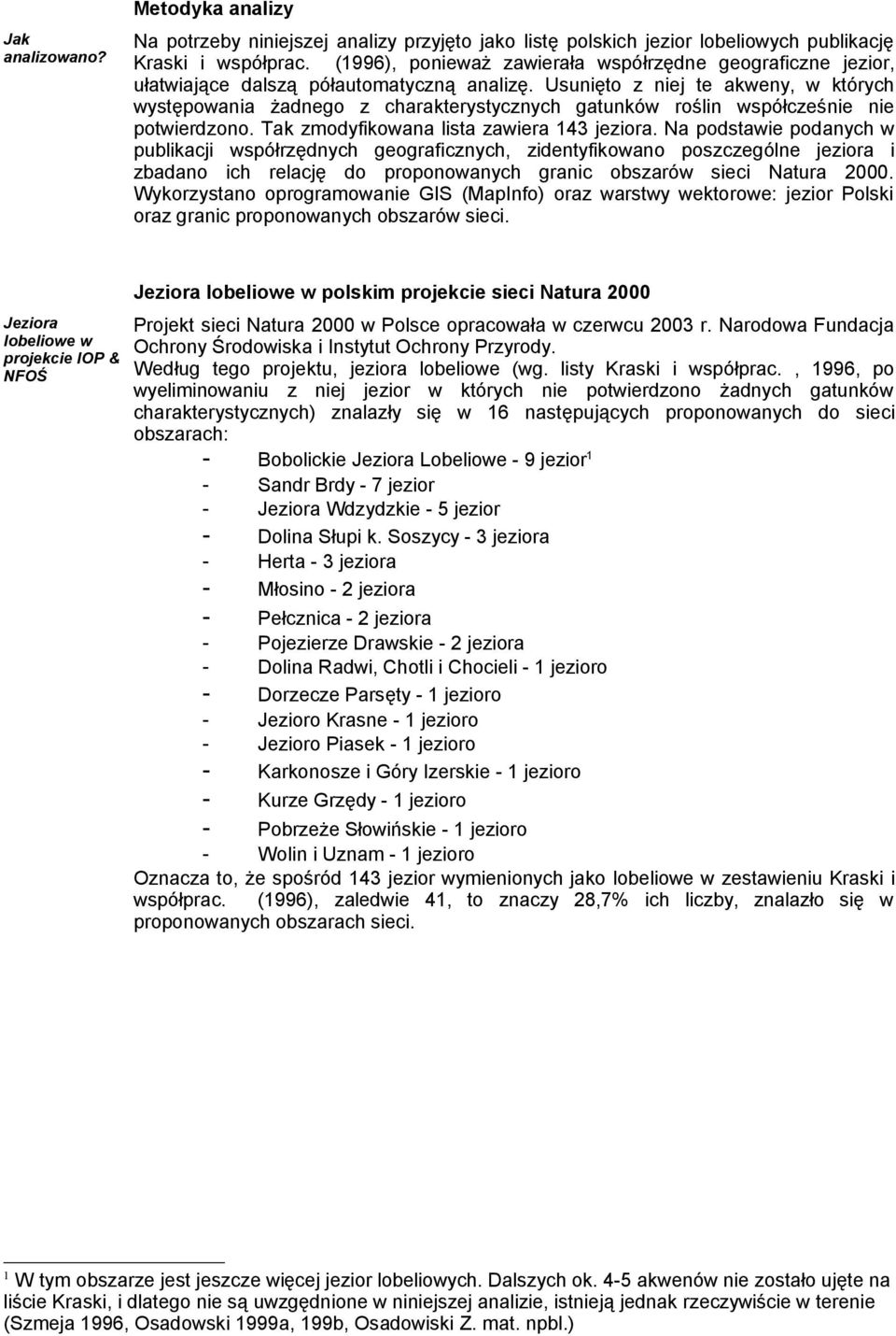 Usunięto z niej te akweny, w których występowania żadnego z charakterystycznych gatunków roślin współcześnie nie potwierdzono. Tak zmodyfikowana lista zawiera 143 jeziora.