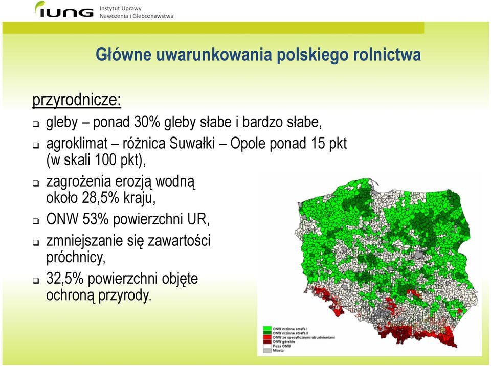 100 pkt), zagrożenia erozją wodną około 28,5% kraju, ONW 53% powierzchni UR,