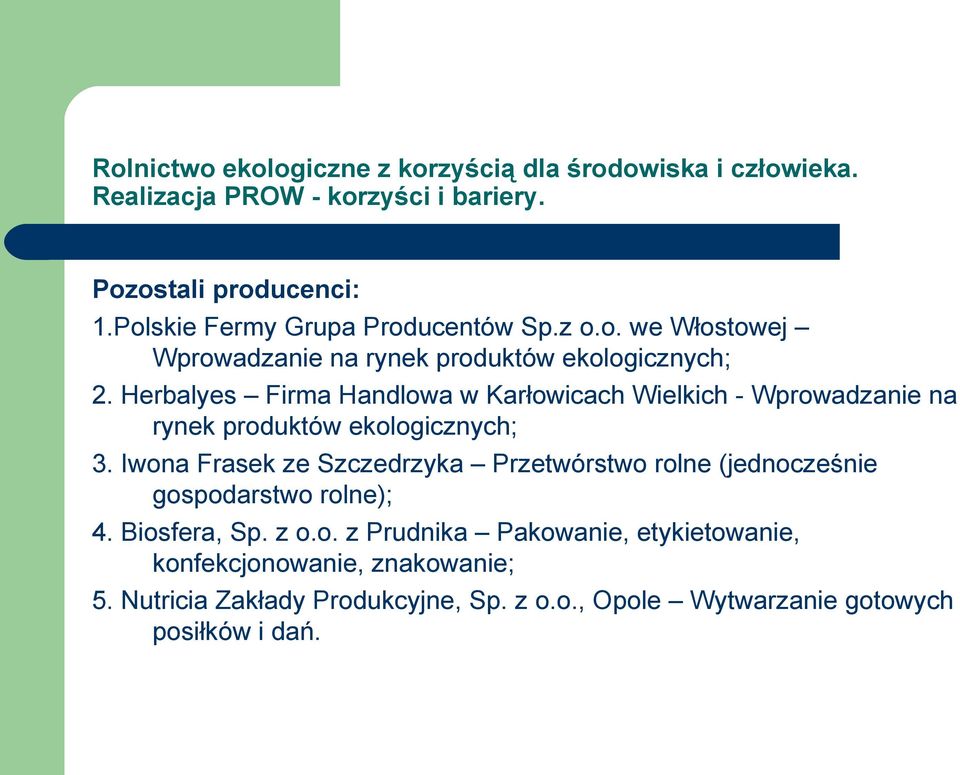 Iwona Frasek ze Szczedrzyka Przetwórstwo rolne (jednocześnie gospodarstwo rolne); 4. Biosfera, Sp. z o.o. z Prudnika Pakowanie, etykietowanie, konfekcjonowanie, znakowanie; 5.