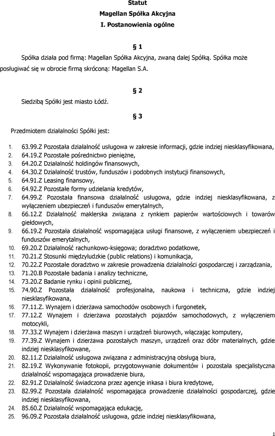 Z Działalność holdingów finansowych, 4. 64.30.Z Działalność trustów, funduszów i podobnych instytucji finansowych, 5. 64.91.Z Leasing finansowy, 6. 64.92.Z Pozostałe formy udzielania kredytów, 7. 64.99.