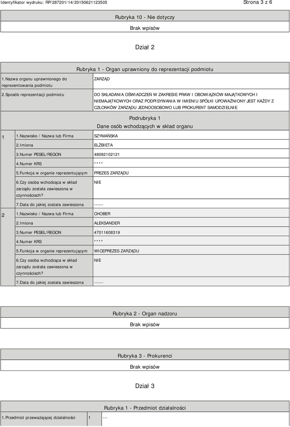 JEDNOOSOBOWO LUB PROKURENT SAMODZIEL 1 1.Nazwisko / Nazwa lub Firma SZYMAŃSKA Podrubryka 1 Dane osób wchodzących w skład organu 2.Imiona ELŻBIETA 3.Numer PESEL/REGON 48092102121 4.Numer KRS **** 5.