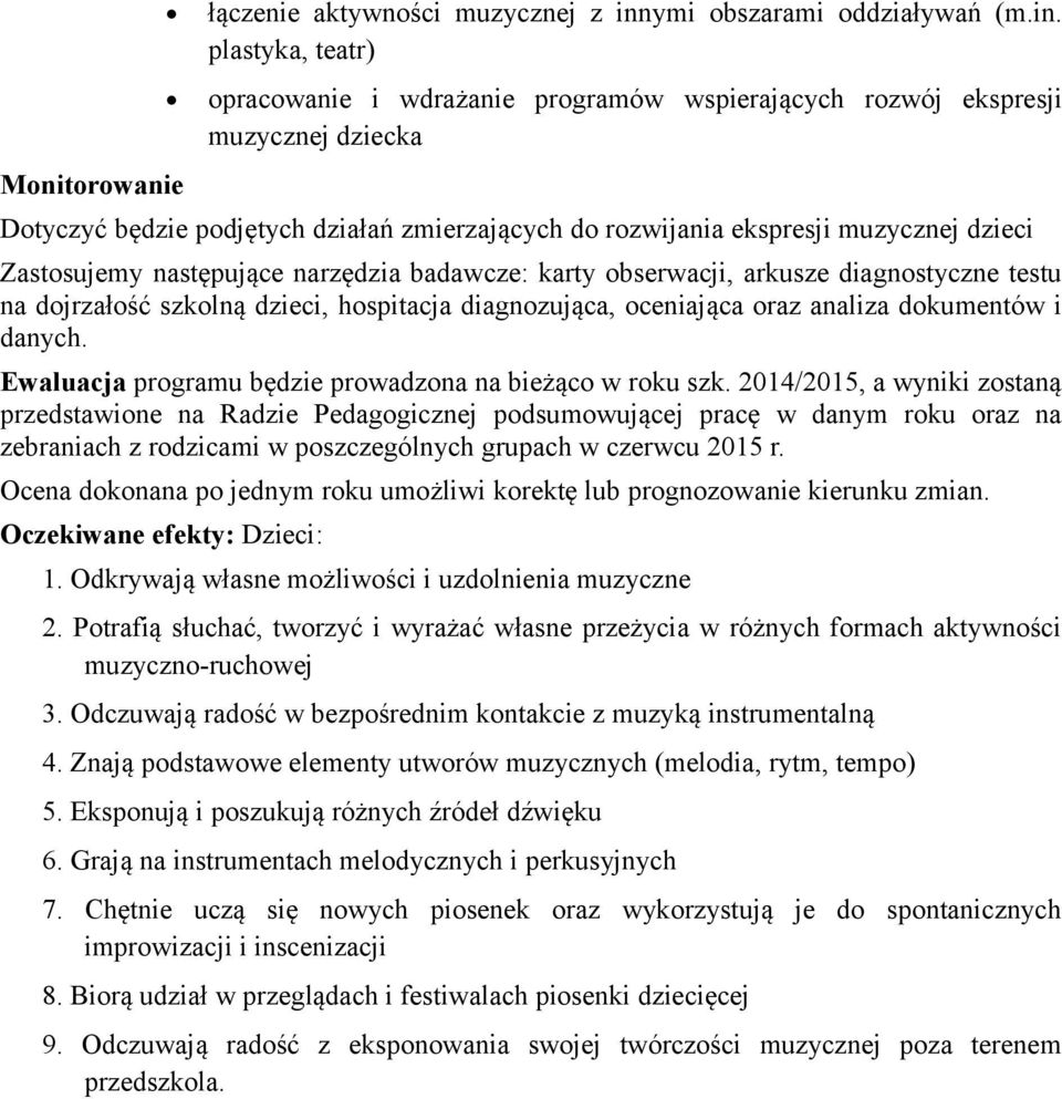 plastyka, teatr) opracowanie i wdrażanie programów wspierających rozwój ekspresji muzycznej dziecka Dotyczyć będzie podjętych działań zmierzających do rozwijania ekspresji muzycznej dzieci