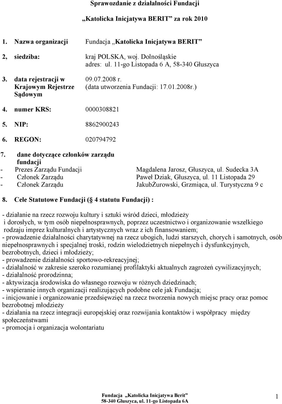 REGON: 020794792 7. dane dotyczące członków zarządu fundacji - Prezes Zarządu Fundacji Magdalena Jarosz, Głuszyca, ul. Sudecka 3A - Członek Zarządu Paweł Dziak, Głuszyca, ul.