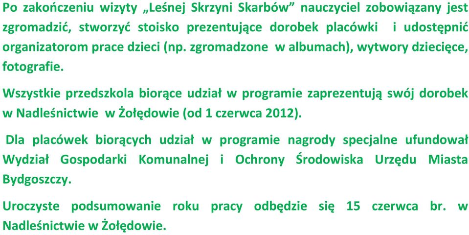 Wszystkie przedszkola biorące udział w programie zaprezentują swój dorobek w Nadleśnictwie w Żołędowie (od 1 czerwca 2012).