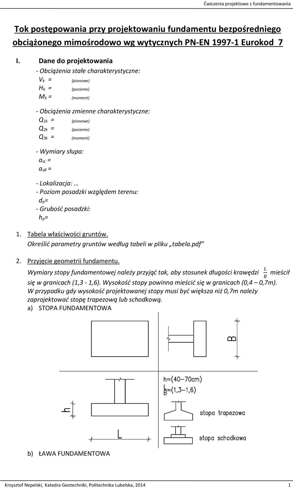 Wymiary słupa: a sl = a sb = - Lokalizacja: - Poziom posadzki względem terenu: d p= - Grubość posadzki: h p= 1. Tabela właściwości gruntów. Określić parametry gruntów według tabeli w pliku tabela.