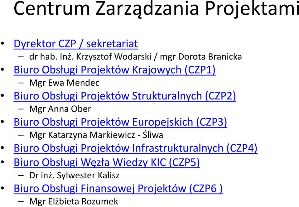 Strukturalnych (CZP2) Mgr Anna Ober Biuro Obsługi Projektów Europejskich (CZP3) Mgr Katarzyna Markiewicz - Śliwa Biuro