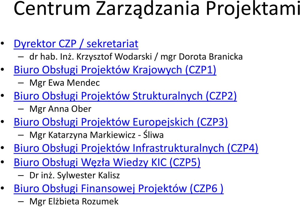 Strukturalnych (CZP2) Mgr Anna Ober Biuro Obsługi Projektów Europejskich (CZP3) Mgr Katarzyna Markiewicz - Śliwa Biuro