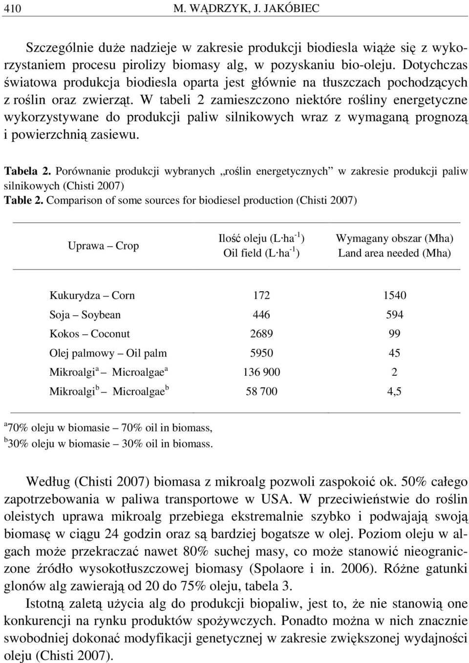 W tabeli 2 zamieszczono niektóre rośliny energetyczne wykorzystywane do produkcji paliw silnikowych wraz z wymaganą prognozą i powierzchnią zasiewu. Tabela 2.