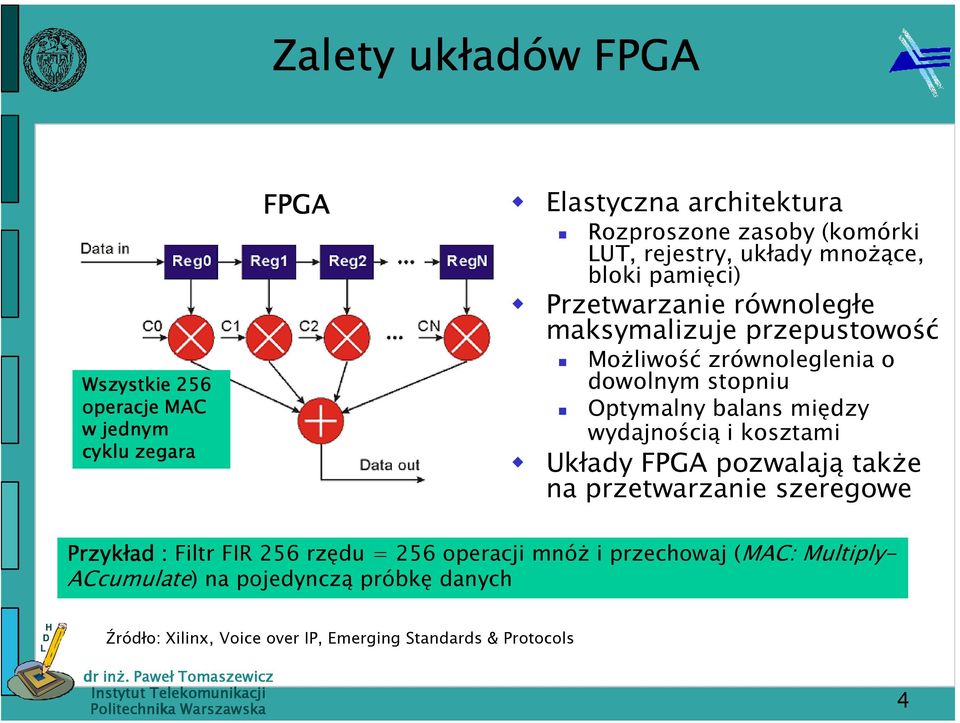 Optymalny balans między wydajnością i kosztami Układy FPGA pozwalają takŝe na przetwarzanie szeregowe Przykład : Filtr FIR 256 rzędu = 256