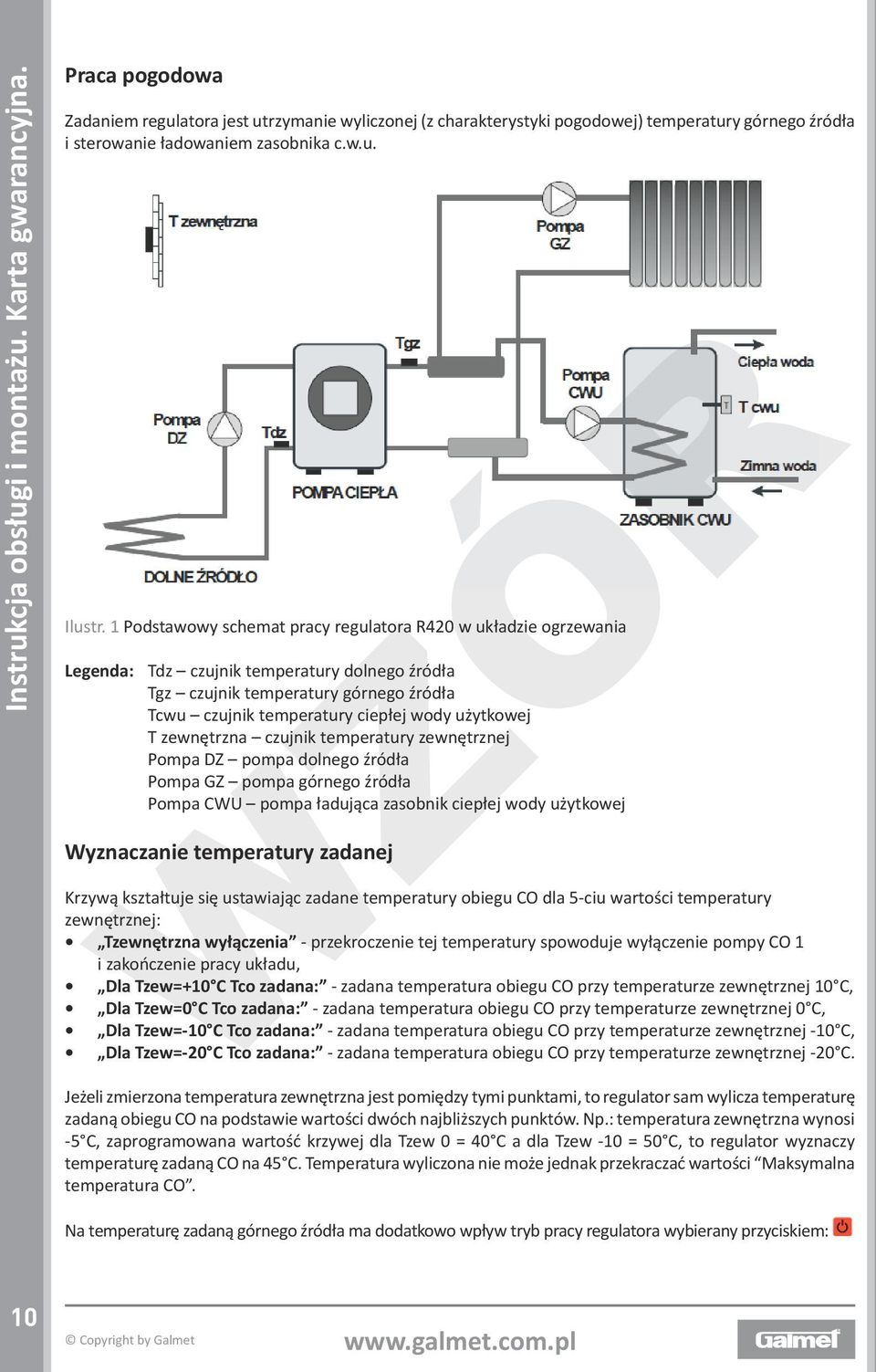 1 Podstawowy schemat pracy regulatora R420 w układzie ogrzewania Legenda: Tdz czujnik temperatury dolnego źródła Tgz czujnik temperatury górnego źródła Tcwu czujnik temperatury ciepłej wody użytkowej
