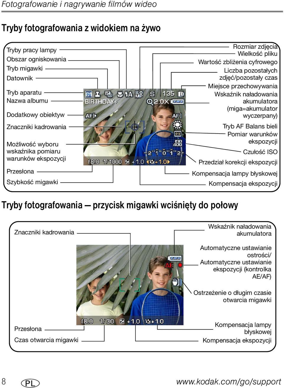przechowywania Wskaźnik naładowania akumulatora (miga=akumulator wyczerpany) Tryb AF Balans bieli Pomiar warunków ekspozycji Czułość ISO Przedział korekcji ekspozycji Kompensacja lampy błyskowej