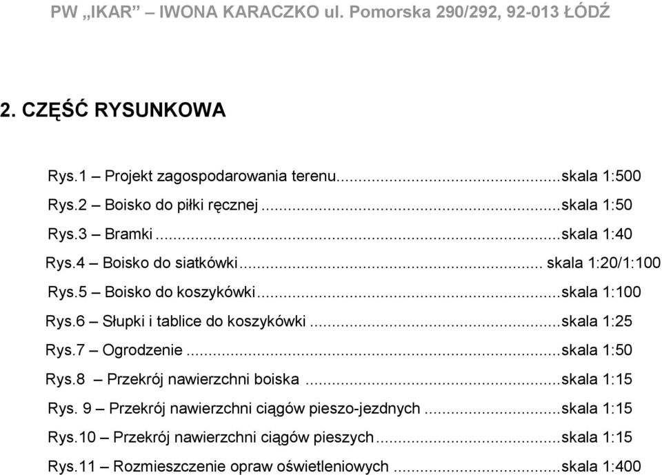 .. skala 1:100 Rys.6 Słupki i tablice do koszykówki... skala 1:25 Rys.7 Ogrodzenie... skala 1:50 Rys.8 Przekrój nawierzchni boiska... skala 1:15 Rys.