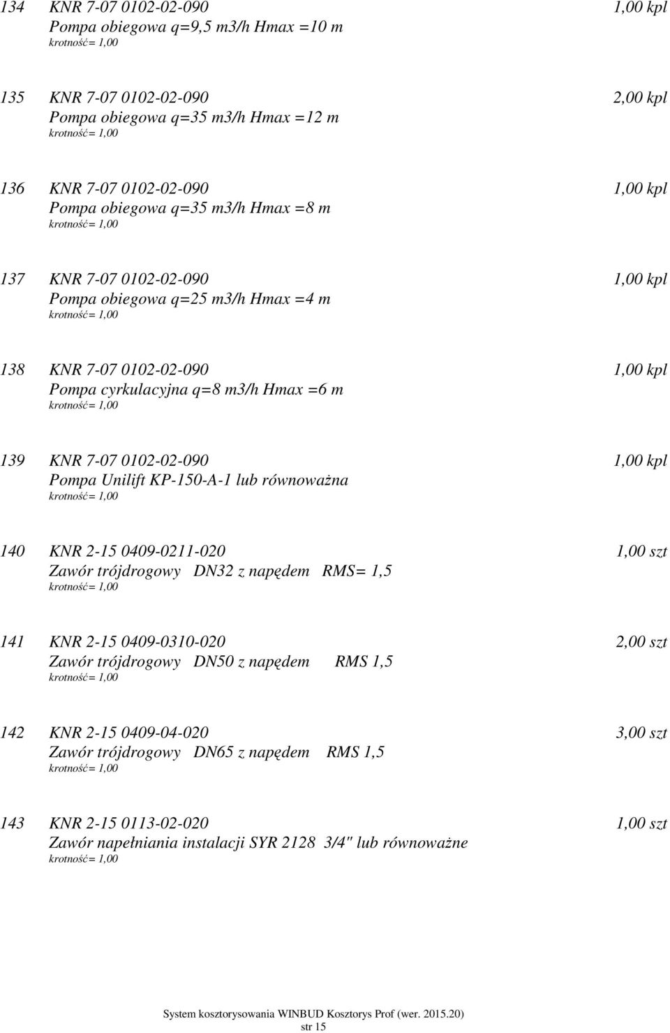 0102-02-090 Pompa Unilift KP-150-A-1 lub równoważna 140 KNR 2-15 0409-0211-020 Zawór trójdrogowy DN32 z napędem RMS= 1,5 141 KNR 2-15 0409-0310-020 Zawór trójdrogowy DN50