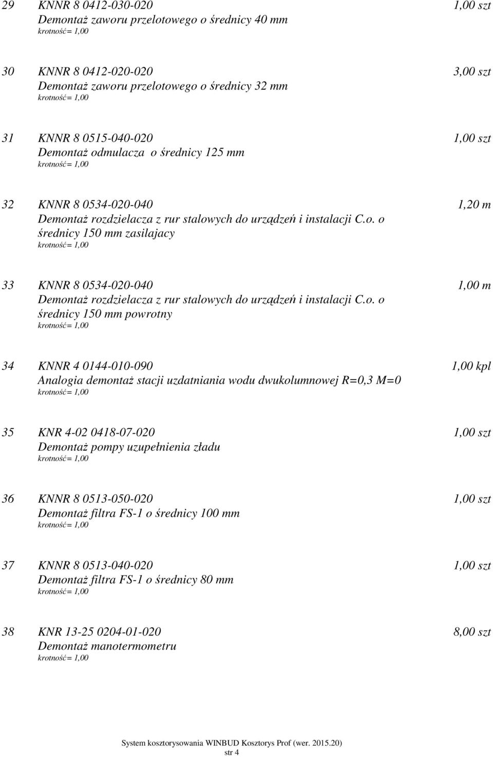 o. o średnicy 150 mm powrotny 1,00 m 34 KNNR 4 0144-010-090 Analogia demontaż stacji uzdatniania wodu dwukolumnowej R=0,3 M=0 35 KNR 4-02 0418-07-020 Demontaż pompy uzupełnienia zładu 36 KNNR 8