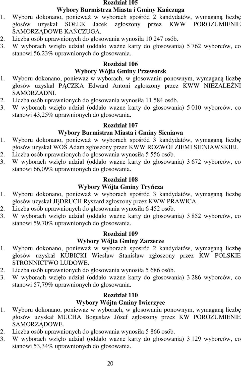 Rozdział 106 Wybory Wójta Gminy Przeworsk głosów uzyskał PĄCZKA Edward Antoni zgłoszony przez KWW NIEZALEŻNI SAMORZĄDNI. 2. Liczba osób uprawnionych do głosowania wynosiła 11 584 osób. 3.