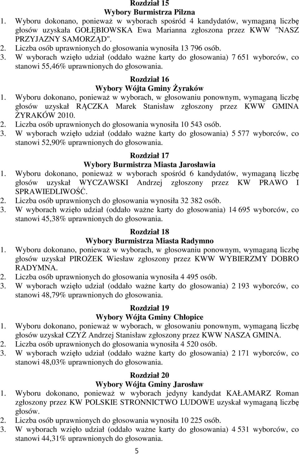 Liczba osób uprawnionych do głosowania wynosiła 13 796 osób. 3. W wyborach wzięło udział (oddało ważne karty do głosowania) 7 651 wyborców, co stanowi 55,46% uprawnionych do głosowania.