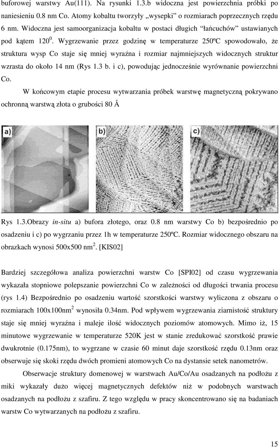 Wygrzewanie przez godzinę w temperaturze 25ºC spowodowało, Ŝe struktura wysp Co staje się mniej wyraźna i rozmiar najmniejszych widocznych struktur wzrasta do około 14 nm (Rys 1.3 b.
