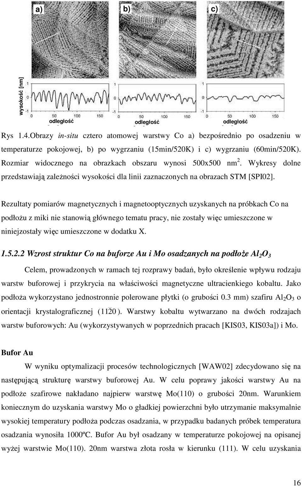 Rozmiar widocznego na obrazkach obszaru wynosi 5x5 nm 2. Wykresy dolne przedstawiają zaleŝności wysokości dla linii zaznaczonych na obrazach STM [SPI2].