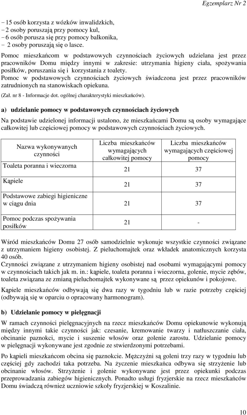 toalety. Pomoc w podstawowych czynnościach życiowych świadczona jest przez pracowników zatrudnionych na stanowiskach opiekuna. (Zał. nr 8 - Informacje dot. ogólnej charakterystyki mieszkańców).