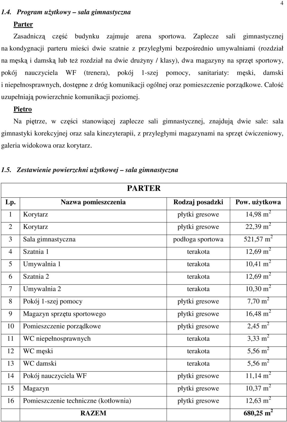 sprzęt sportowy, pokój nauczyciela WF (trenera), pokój 1-szej pomocy, sanitariaty: męski, damski i niepełnosprawnych, dostępne z dróg komunikacji ogólnej oraz pomieszczenie porządkowe.