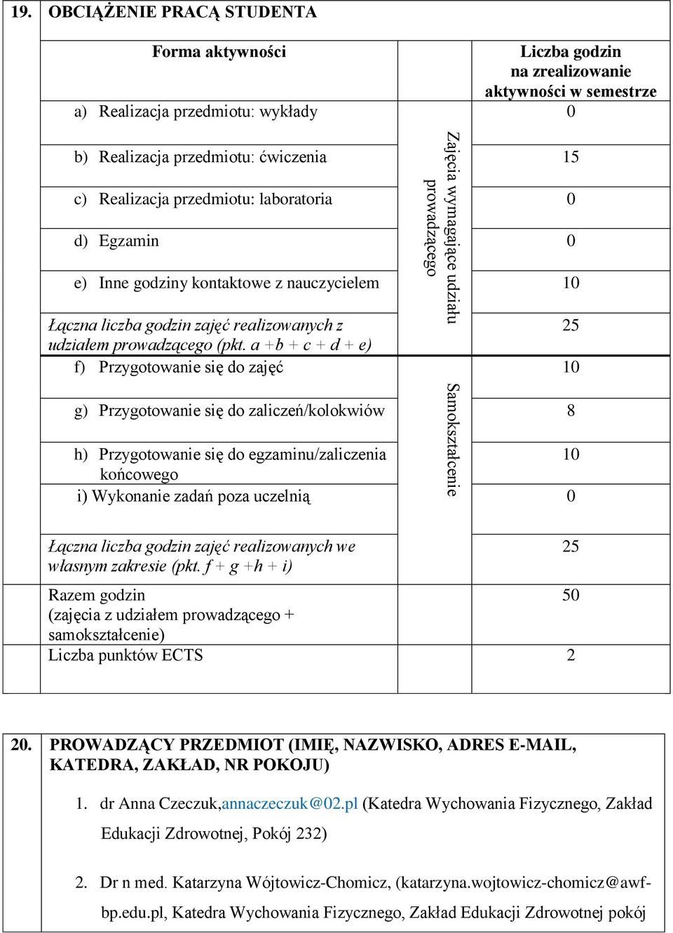 0 d) Egzamin 0 e) Inne godziny kontaktowe z nauczycielem 10 Łączna liczba godzin zajęć realizowanych z udziałem prowadzącego (pkt.