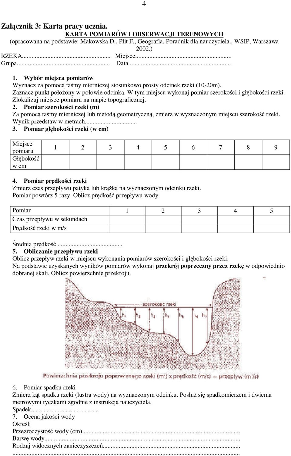 W tym miejscu wykonaj pomiar szerokości i głębokości rzeki. Zlokalizuj miejsce pomiaru na mapie topograficznej. 2.