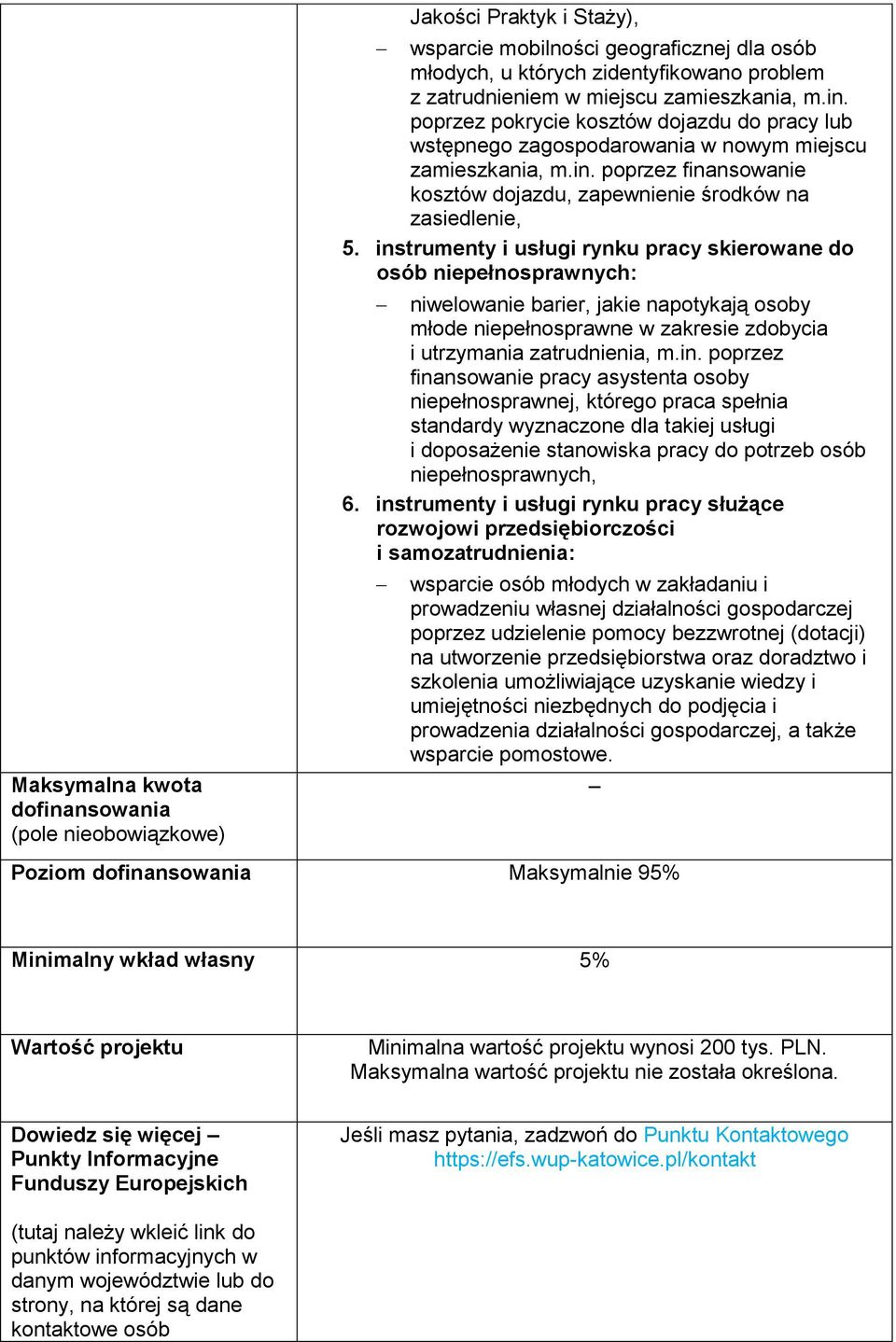 instrumenty i usługi rynku pracy skierowane do osób niepełnosprawnych: niwelowanie barier, jakie napotykają osoby młode niepełnosprawne w zakresie zdobycia i utrzymania zatrudnienia, m.in. poprzez finansowanie pracy asystenta osoby niepełnosprawnej, którego praca spełnia standardy wyznaczone dla takiej usługi i doposażenie stanowiska pracy do potrzeb osób niepełnosprawnych, 6.