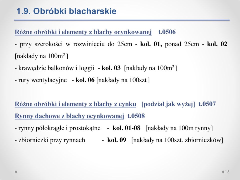 06 [nakłady na 100szt ] Różne obróbki i elementy z blachy z cynku [podział jak wyżej] t.0507 Rynny dachowe z blachy ocynkowanej t.