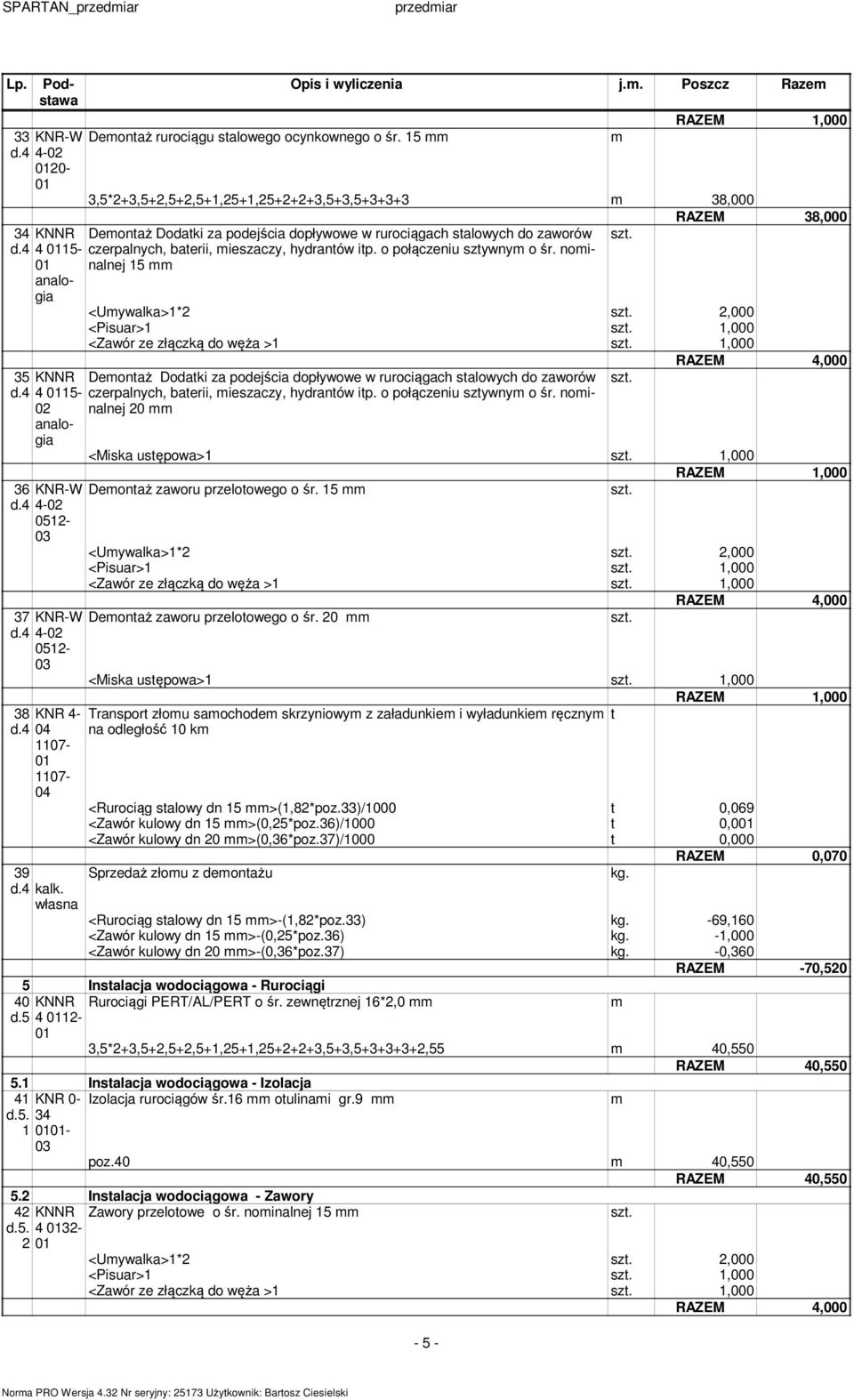 noinalnej 5 <Uywalka>*2 2,000 <Pisuar>,000 <Zawór ze złączką do węża >,000 5 Deontaż Dodatki za podejścia dopływowe w rurociągach stalowych do zaworów d.