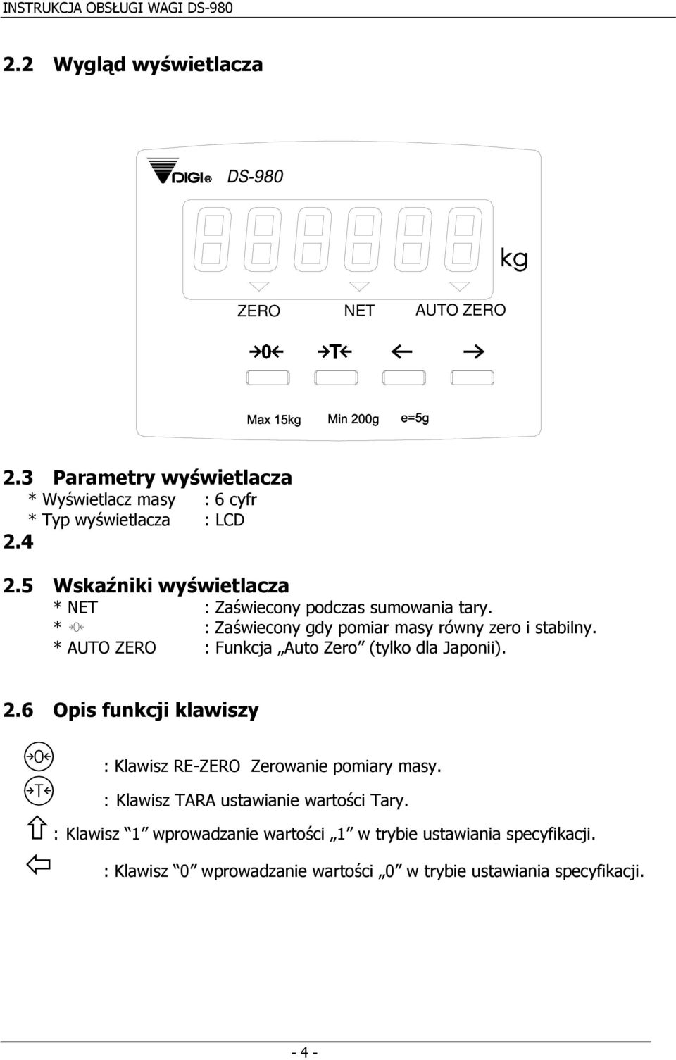 * AUTO ZERO : Funkcja Auto Zero (tylko dla Japonii). 2.6 Opis funkcji klawiszy : Klawisz RE-ZERO Zerowanie pomiary masy.