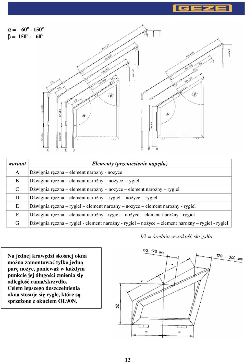 naroŝny - rygiel noŝyce element naroŝny - rygiel Dźwignia ręczna rygiel - element naroŝny - rygiel noŝyce element naroŝny rygiel - rygiel b2 = średnia wysokość skrzydła Na jednej krawędzi skośnej