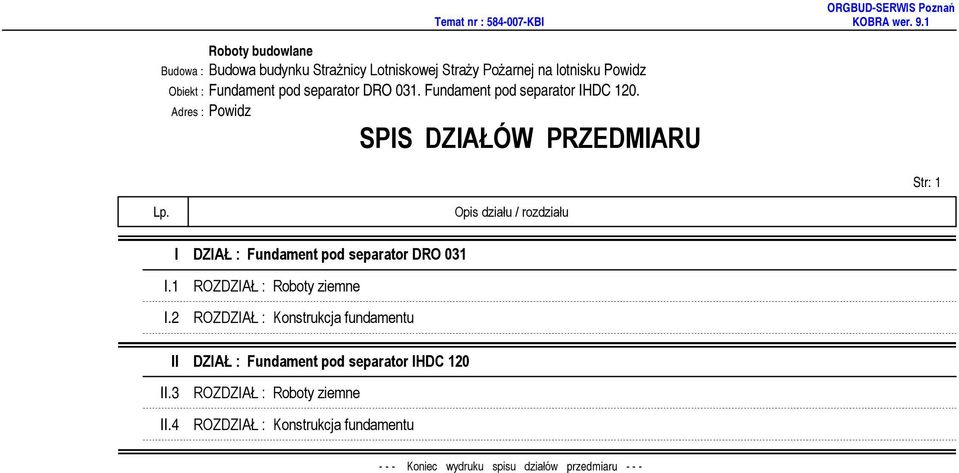 Opis działu / rozdziału I DZIAŁ : Fundament pod separator DRO 031 I.1 ROZDZIAŁ : Roboty ziemne I.