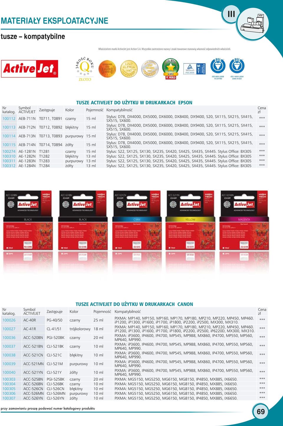 100114 AEB-713N T0713, T0893 purpurowy 15 ml Stylus: D78, DX4000, DX5000, DX6000, DX8400, DX9400, S20, SX115, SX215, SX415, SX515, SX600.
