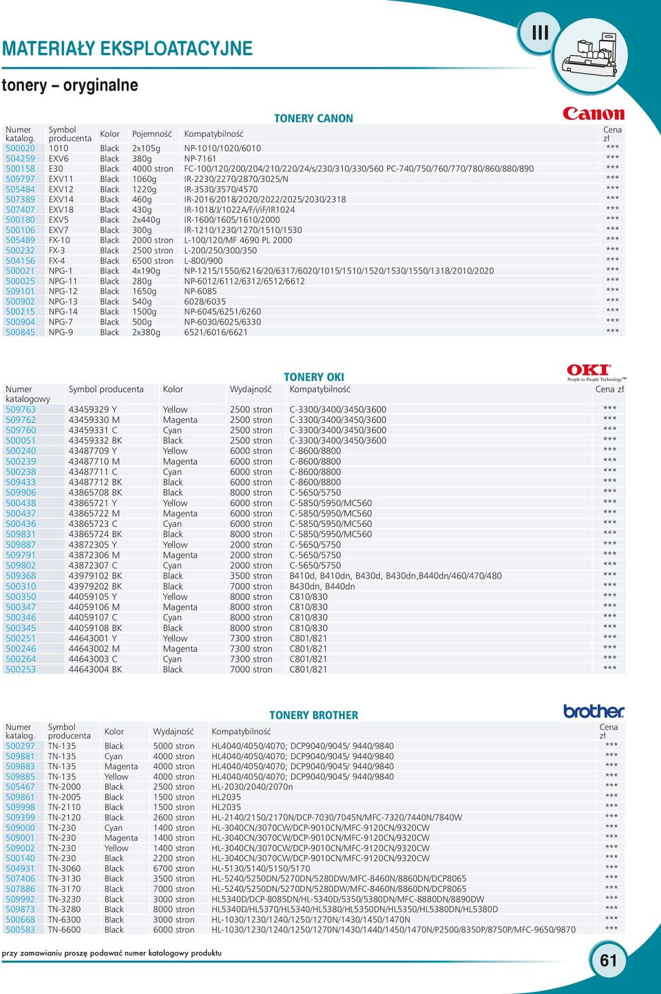 IR-1018/J/1022A/F/i/iF/IR1024 500180 EXV5 2x440g IR-1600/1605/1610/2000 500106 EXV7 300g IR-1210/1230/1270/1510/1530 505489 FX-10 2000 L-100/120/MF 4690 PL 2000 500232 FX-3 2500 L-200/250/300/350