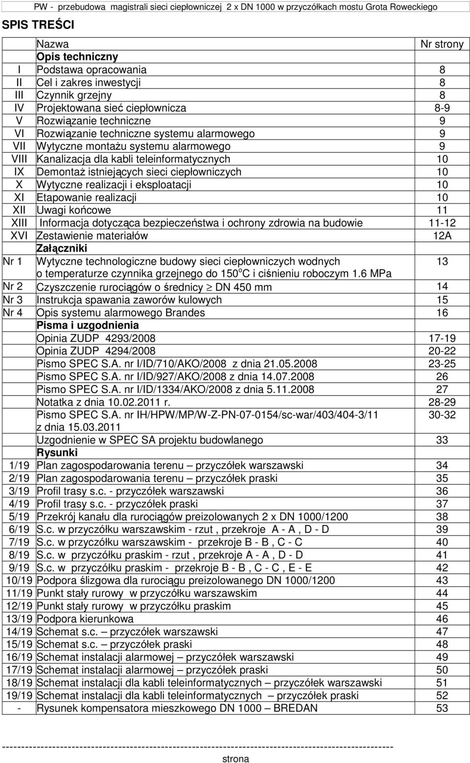 eksploatacji 10 XI Etapowanie realizacji 10 XII Uwagi końcowe 11 XIII Informacja dotycząca bezpieczeństwa i ochrony zdrowia na budowie 11-12 XVI Zestawienie materiałów 12A Załączniki Nr 1 Wytyczne