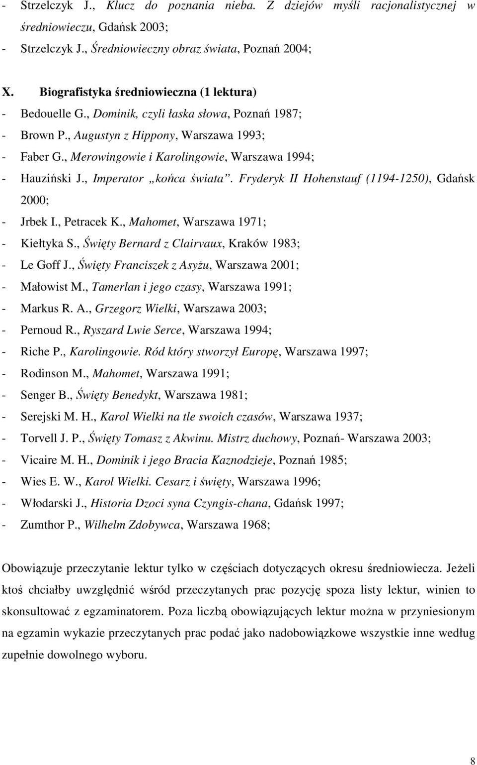 , Merowingowie i Karolingowie, Warszawa 1994; - Hauziński J., Imperator końca świata. Fryderyk II Hohenstauf (1194-1250), Gdańsk 2000; - Jrbek I., Petracek K., Mahomet, Warszawa 1971; - Kiełtyka S.