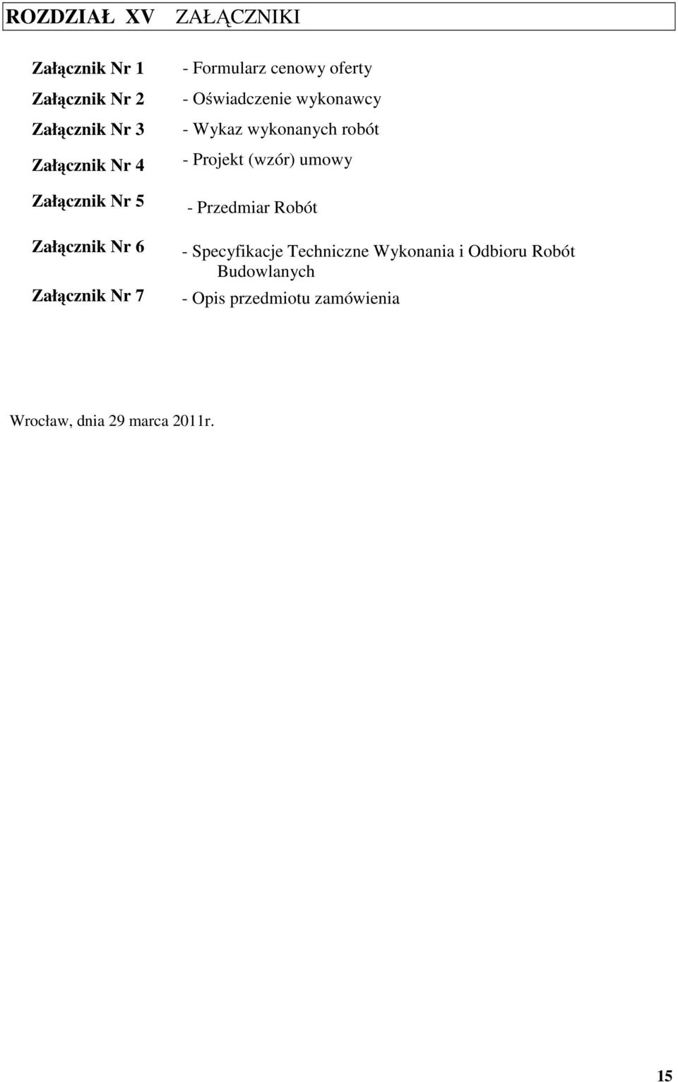 - Wykaz wykonanych robót - Projekt (wzór) umowy - Przedmiar Robót - Specyfikacje Techniczne