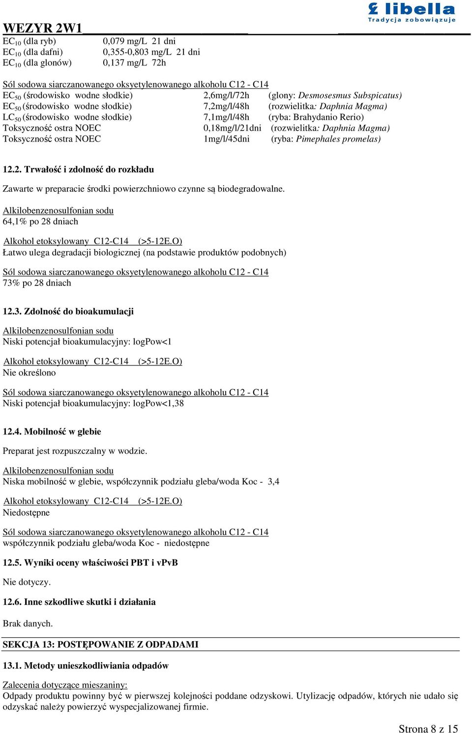 Brahydanio Rerio) Toksyczność ostra NOEC 0,18mg/l/21dni (rozwielitka: Daphnia Magma) Toksyczność ostra NOEC 1mg/l/45dni (ryba: Pimephales promelas) 12.2. Trwałość i zdolność do rozkładu Zawarte w preparacie środki powierzchniowo czynne są biodegradowalne.