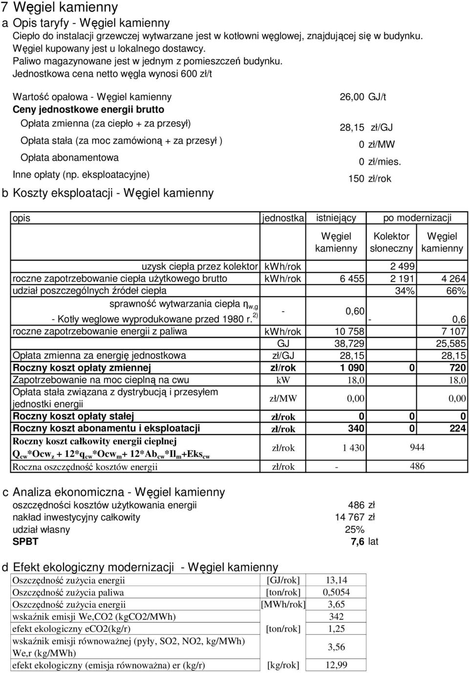 Jednostkowa cena netto węgla wynosi 600 zł/t Wartość opałowa - Węgiel kamienny Ceny jednostkowe energii brutto Opłata zmienna (za ciepło + za przesył) Opłata stała (za moc zamówioną + za przesył )