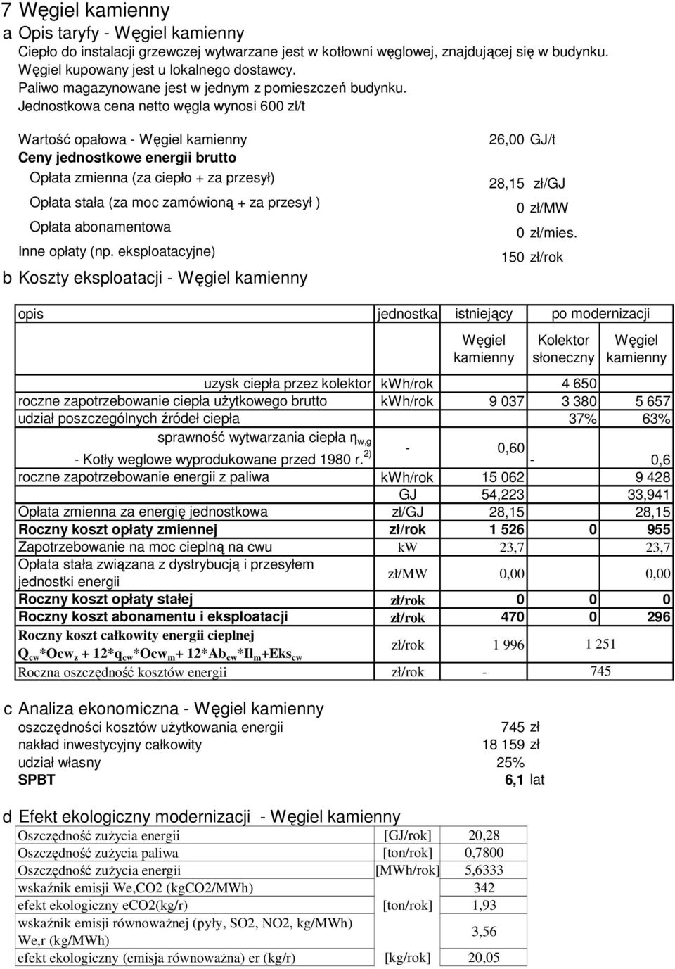 Jednostkowa cena netto węgla wynosi 600 zł/t Wartość opałowa - Węgiel kamienny Ceny jednostkowe energii brutto Opłata zmienna (za ciepło + za przesył) Opłata stała (za moc zamówioną + za przesył )