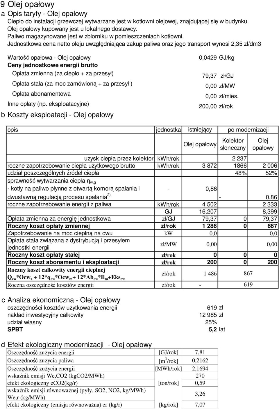 Jednostkowa cena netto oleju uwzględniająca zakup paliwa oraz jego transport wynosi 2,35 zł/dm3 Wartość opałowa - Olej opałowy Ceny jednostkowe energii brutto Opłata zmienna (za ciepło + za przesył)