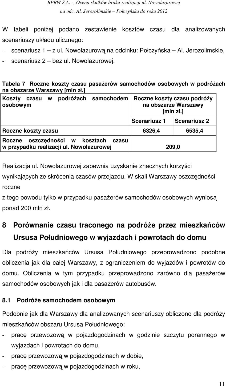 ] Koszty czasu w podróŝach samochodem osobowym Roczne koszty czasu podróŝy na obszarze Warszawy [mln zł.