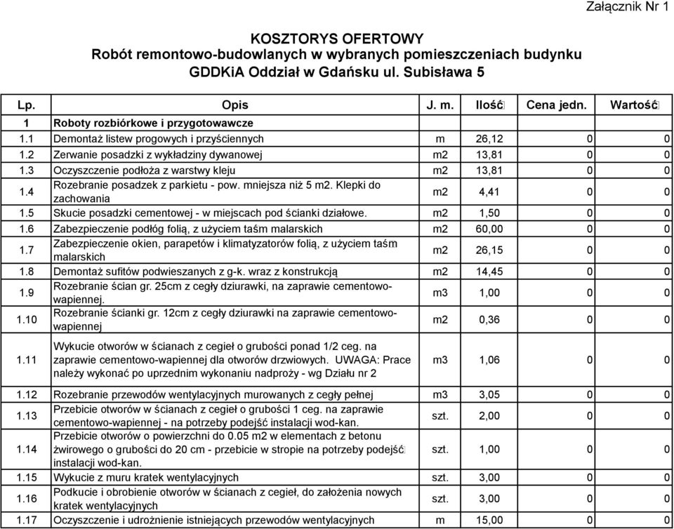 5 Skucie posadzki cementowej - w miejscach pod ścianki działowe. m2 1,5 1.6 Zabezpieczenie podłóg folią, z użyciem taśm malarskich m2 6, 1.