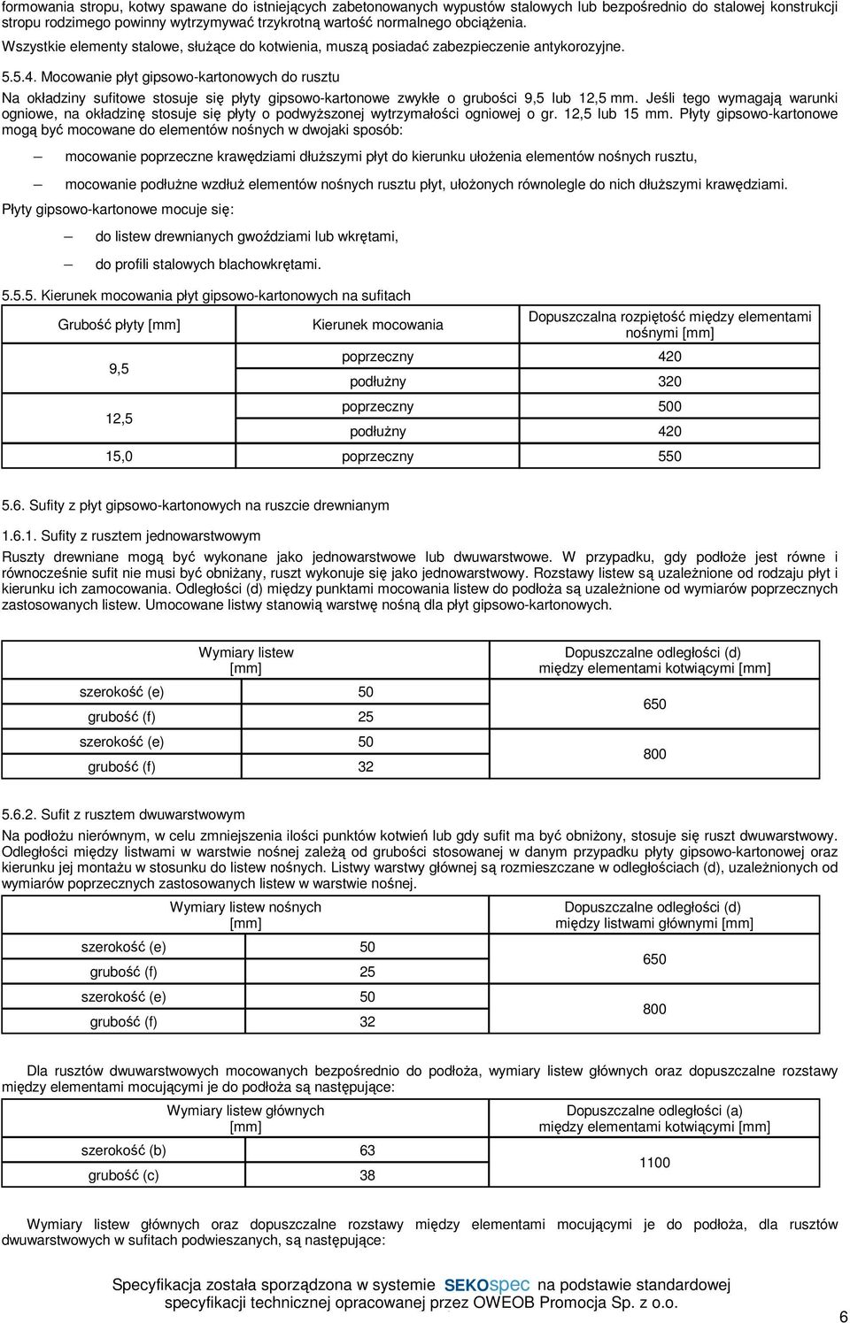 Mocowanie płyt gipsowo-kartonowych do rusztu Na okładziny sufitowe stosuje się płyty gipsowo-kartonowe zwykłe o grubości 9,5 lub 12,5 mm.