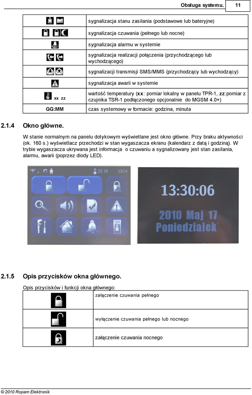wychodzącego) sygnalizacji transmisji SMS/MMS (przychodzący lub wychodzący) sygnalizacja awarii w systemie xx zz GG:MM 2.1.