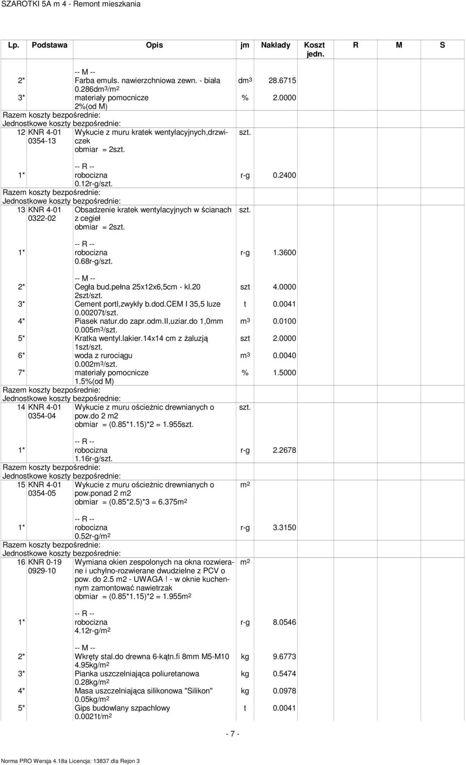 ii,uziar.do 1,0mm 0.005m 3 / 5* Kratka wentyl.lakier.14x14 cm z Ŝaluzją 1szt/ 6* woda z rurociągu 0.002m 3 / 7* materiały pomocnicze 14 KNR 4-01 0354-04 1.