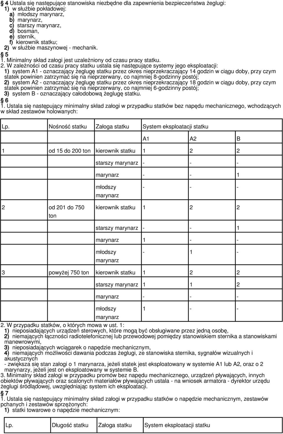 W zależności od czasu pracy statku ustala się następujące systemy jego eksploatacji: 1) system A1 - oznaczający żeglugę statku przez okres nieprzekraczający 14 godzin w ciągu doby, przy czym statek